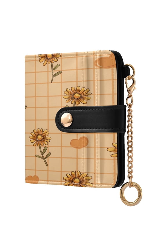 Grids Hearts Daisies Valentine Women's Wallet PU Leather Card Cases RFID Blocking Purse Billfold with Key Ring