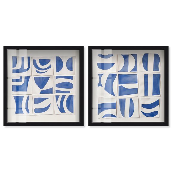 Grids of Blue Harmony Shadowbox Print Modern Wall Art Set by Art Remedy, Black Frame, 12 x 12