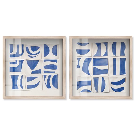 Grids of Blue Harmony Shadowbox Print Modern Wall Art Set by Art Remedy, Blonde Frame, 12 x 12