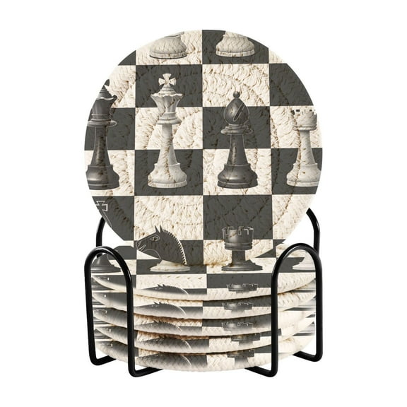 Grids with Chess 6 Pcs Drink Coasters with Holder Absorbent Coasters Woven Coasters for Drinks Table Desk Protection Home Decor