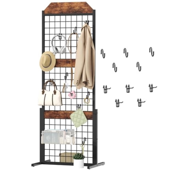 Gridwall Panel 1.7' x 5.6' Ft Grid Display Rack Gridwall Panel Display Stands with 5 Garment Hooks 5 S-Hooks Wire Grid Panel Display Rack for Retail Show Rustic Brown and Black BF45DC01
