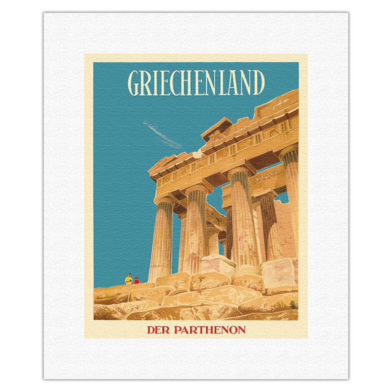 Griechenland (Greece) - Parthenon - Temple of Athena - Vintage Travel Poster by Dick Negus & Philip Sharland c.1954 - Fine Art Rolled Canvas Print 11in x 14in