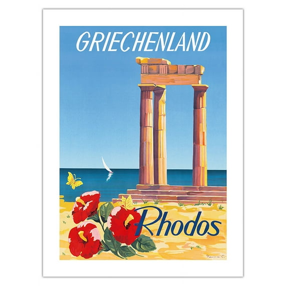 Griechenland (Greece) - Rhodos Island of Rhodes - Temple of Apollo - Vintage Travel Poster by C. Neuria c.1954 - Bamboo Fine Art 290gsm Paper Print (Unframed) 18x24in