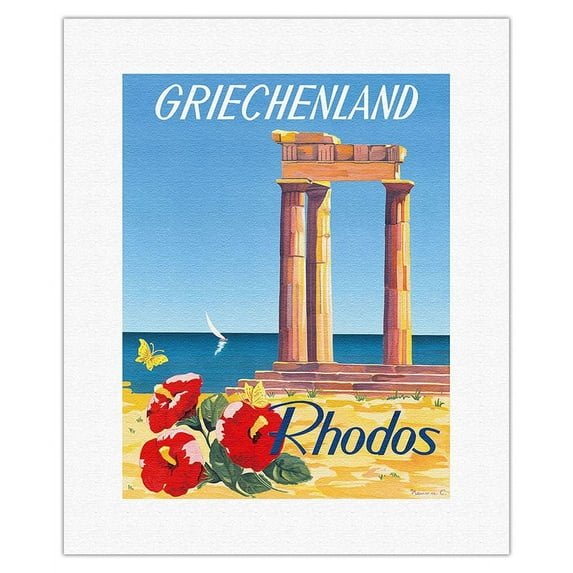 Griechenland (Greece) - Rhodos Island of Rhodes - Temple of Apollo - Vintage Travel Poster by C. Neuria c.1954 - Fine Art Rolled Canvas Print 11in x 14in