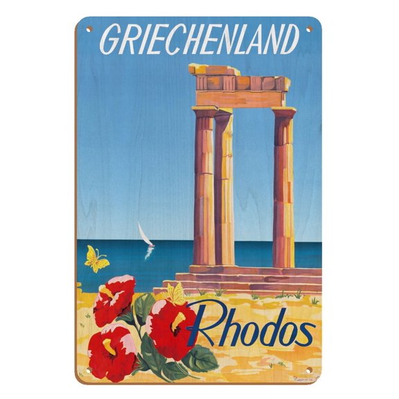 Griechenland (Greece) - Rhodos Island of Rhodes - Temple of Apollo - Vintage Travel Poster by C. Neuria c.1954 - 8 x 12 inch Vintage Wood Art Sign