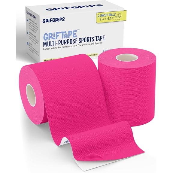 GrifGrips Athletic Sports Tape Universal CGM Tape Protective Patches for CGM Sensor Cover - 3in x 16.4 Feet Roll (Pink, 2-Roll Pack)