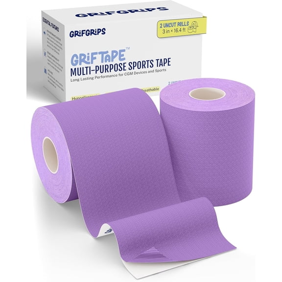 GrifGrips Athletic Sports Tape Universal CGM Tape Protective Patches for CGM Sensor Cover - 3in x 16.4 Feet Roll (Purple, 2-Roll Pack)