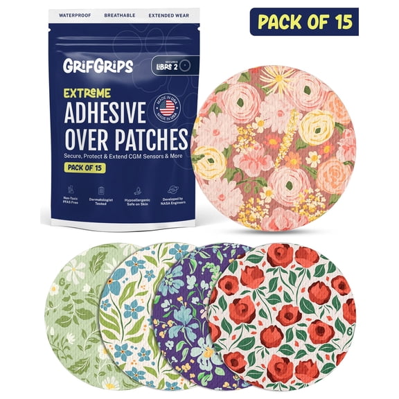 GrifGrips Freestyle Libre 2 Sensor Covers Waterproof CGM Covers Adhesive Patches Overpatches Compatible for Libre 2 & 3 Sensor Cover CGM Patch for up to 15+ Days 15 Pack