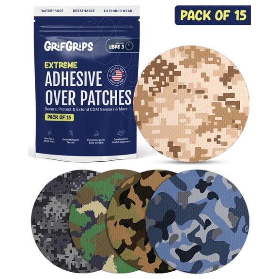 GrifGrips Libre 3 Sensor Covers Waterproof  CGM Covers Adhesive Patches Compatible for Freestyle Libre 3 & Plus Sensor Cover Overpatches  CGM Patch for up to 15+ Days  15 Pack (Camo)