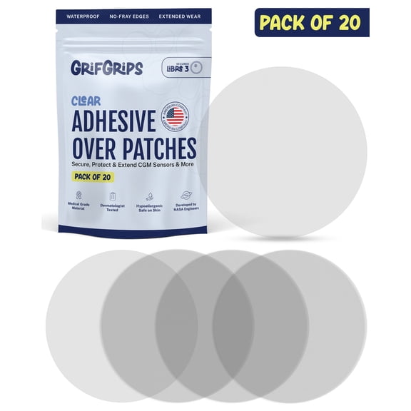GrifGrips Libre 3 Sensor Covers Waterproof CGM Covers Adhesive Patches Compatible for Freestyle Libre 3 & Plus Sensor Cover Transparent Overpatches CGM Patch for 10-14 Days 20 Pack