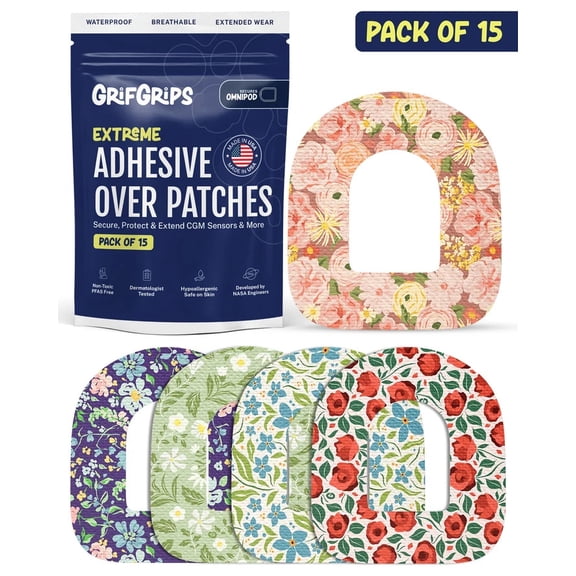GrifGrips Omnipod 5 Overpatches Waterproof Adhesive Patches CGM Covers Compatible for Omnipod Overpatches, Insulin Pump Patch Omni Pod Cover for up to 15+ Days - Pack of 15