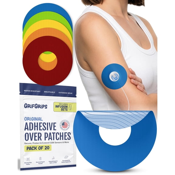 GrifGrips Universal Adhesive Patches Compatible with CGM, Insulin Pumps & Infusion Sets - Waterproof CGM Covers Overpatch Sensor Cover CGM Patches - Pack of 20