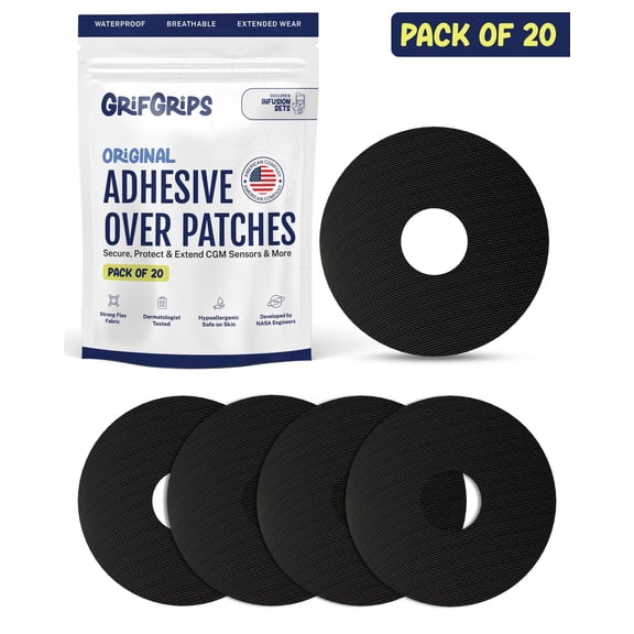 GrifGrips Universal Adhesive Patches Compatible for CGM, Insulin Pumps & Infusion Sets Waterproof Overpatch Sensor Cover, Insulin Pump Patches, Infusion Set Adhesive Patch Pack of 20
