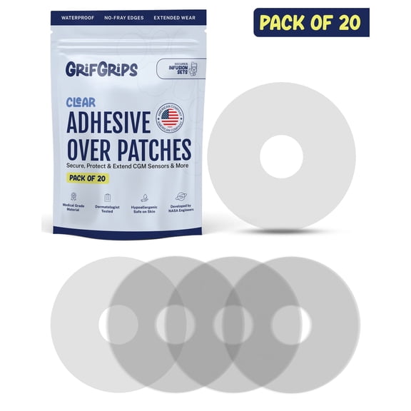 GrifGrips Universal Adhesive Patches Compatible for CGM, Insulin Pumps & Infusion Sets  Waterproof Overpatch Sensor Cover, Insulin Pump Patches, Infusion Set Adhesive Patch  Pack of 20