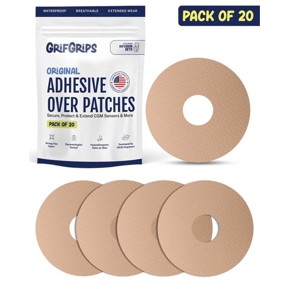 GrifGrips Universal Adhesive Patches Compatible for CGM, Insulin Pumps & Infusion Sets Waterproof Overpatch Sensor Cover, Insulin Pump Patches, Infusion Set Adhesive Patch Pack of 20