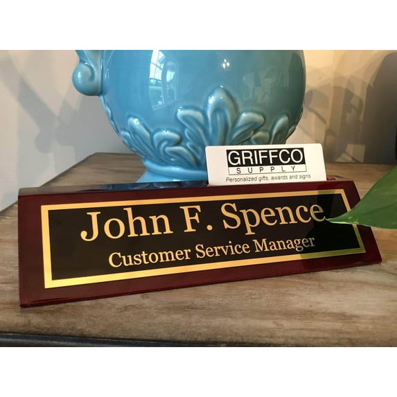 Griffco Supply Personalized Rosewood Desk Name Plate with Business Card Holder, 2x8 Inch