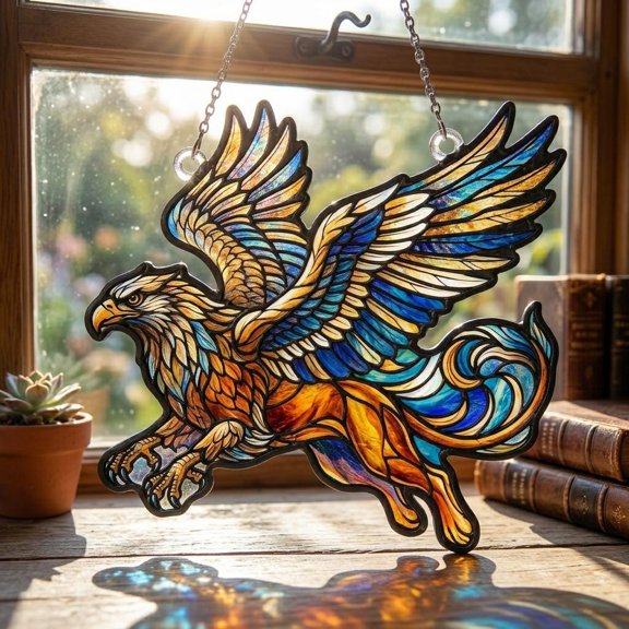 Griffin Acrylic Suncatcher, Faux Stained Glass Window Hanging Decor, Fantasy and Celestial Decor