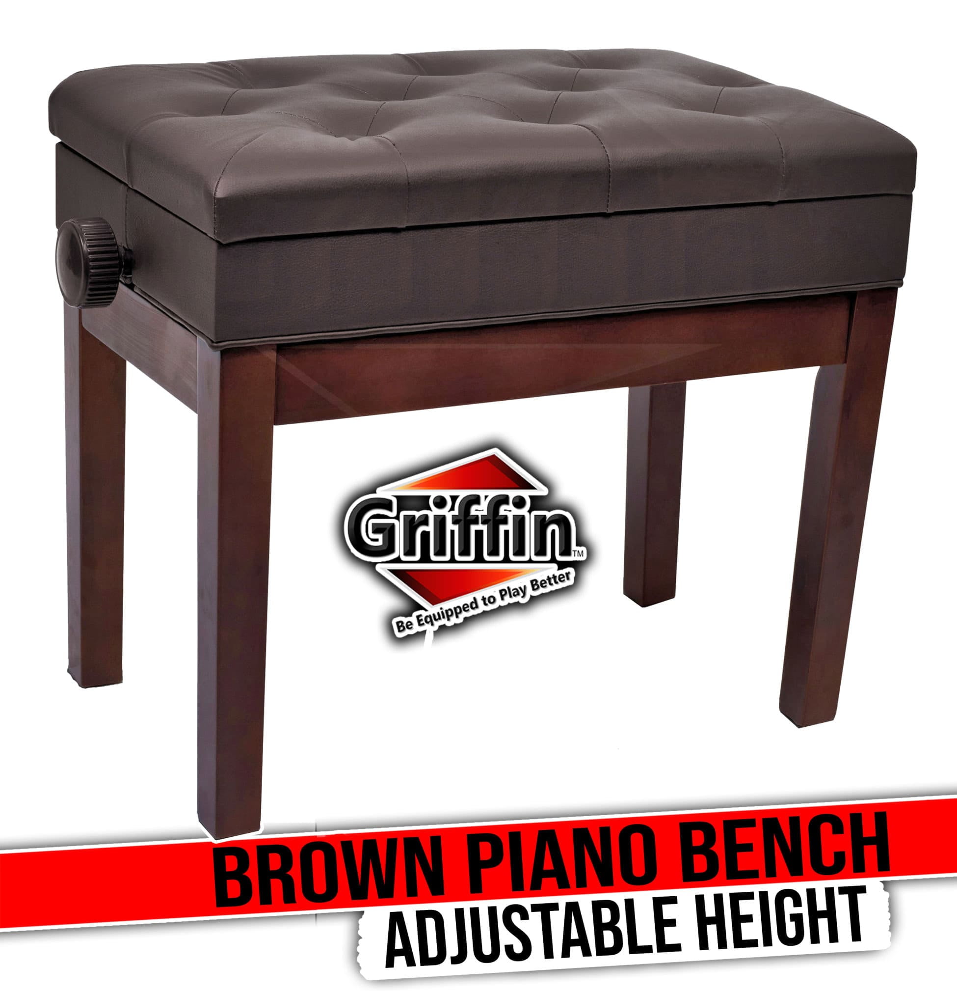 Griffin Adjustable Brown Piano Bench - PU Leather Vintage Stylish Design, Heavy-Duty \u0026 Ergonomic Keyboard Stool Seat - Convenient Hidden Storage Space Perfect For Home \u0026 Professional