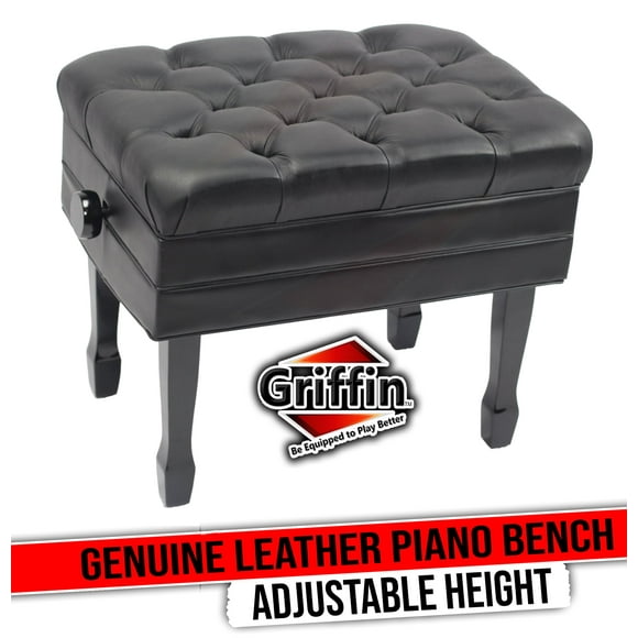 Griffin Adjustable Piano Bench with Genuine Leather - Black Solid Wood Vintage Design, Heavy-Duty & Ergonomic Keyboard Stool Seat With Storage Space - Perfect For Home & Professional Use