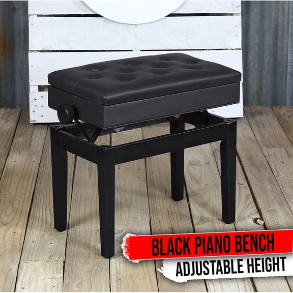 Griffin Black Leather Piano Bench - Wood Vanity Stool Keyboard Seat Guitar Chair