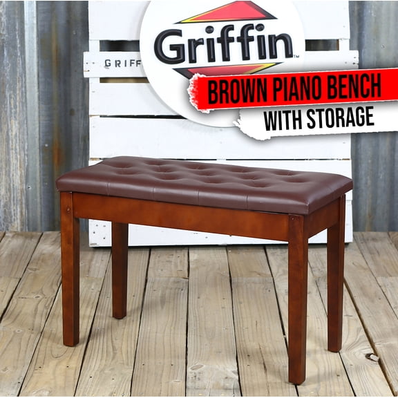 Griffin Brown Leather Piano Bench Wood Keyboard Seat Music Storage Guitar Stool