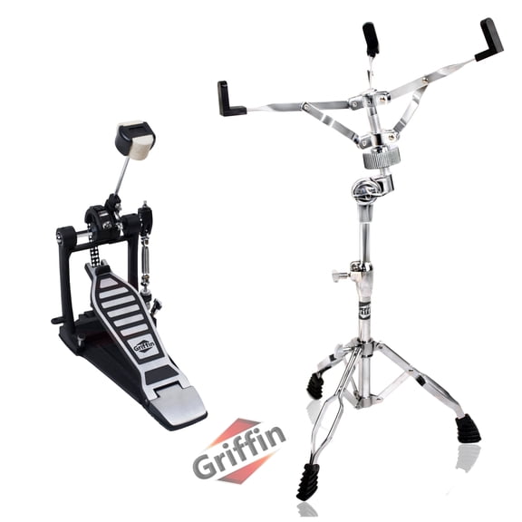2-Pack Kick Bass Drum Pedal & Snare Drum Stand Set by Griffin Deluxe Double-Chain Foot Pedal with 4-Sided Beater & Adjustable Power Cam Durable Percussion Hardware for Intense Play