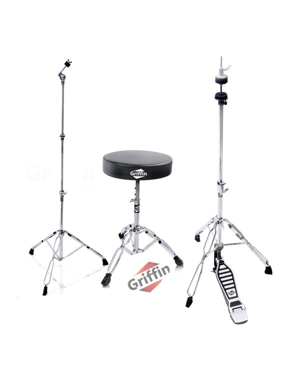 Drum Hardware 3 PACK - Hi-Hat Stand, Drummers Throne Seat & Straight Cymbal Stand Deluxe Chrome Slip-Proof Gear Holder Percussion Set for Mounting Medium-Duty Crash, Ride & Splash Cymbals
