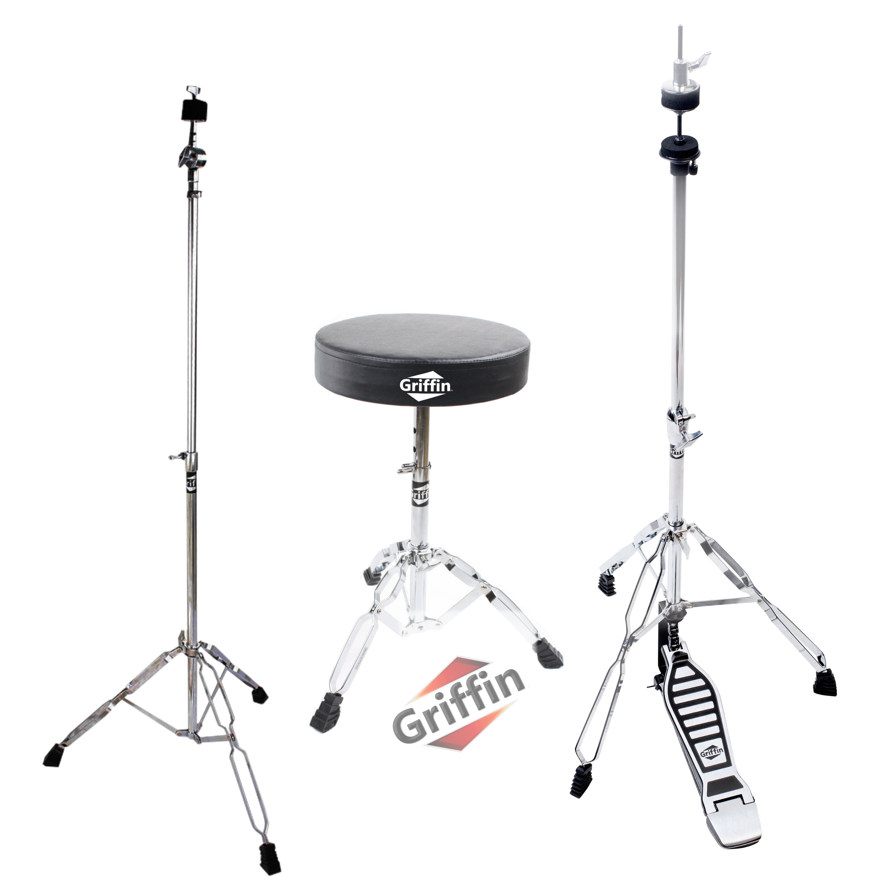 Griffin Drum Hardware 3 PACK - Hi-Hat Stand, Drummers Throne Seat & Straight Cymbal Stand Deluxe Chrome Slip-Proof Gear Holder Percussion Set for Mounting Medium-Duty Crash, Ride & Splash Cymbals