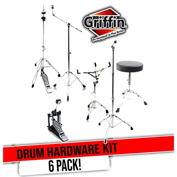 Griffin Drum Hardware Pack 6 Piece Complete Set Kit with Snare Stand, Hi-Hat Stand, Cymbal Boom Stand, Throne Stool & Single Kick Drum Pedal - Portable & Perfect for Gigs