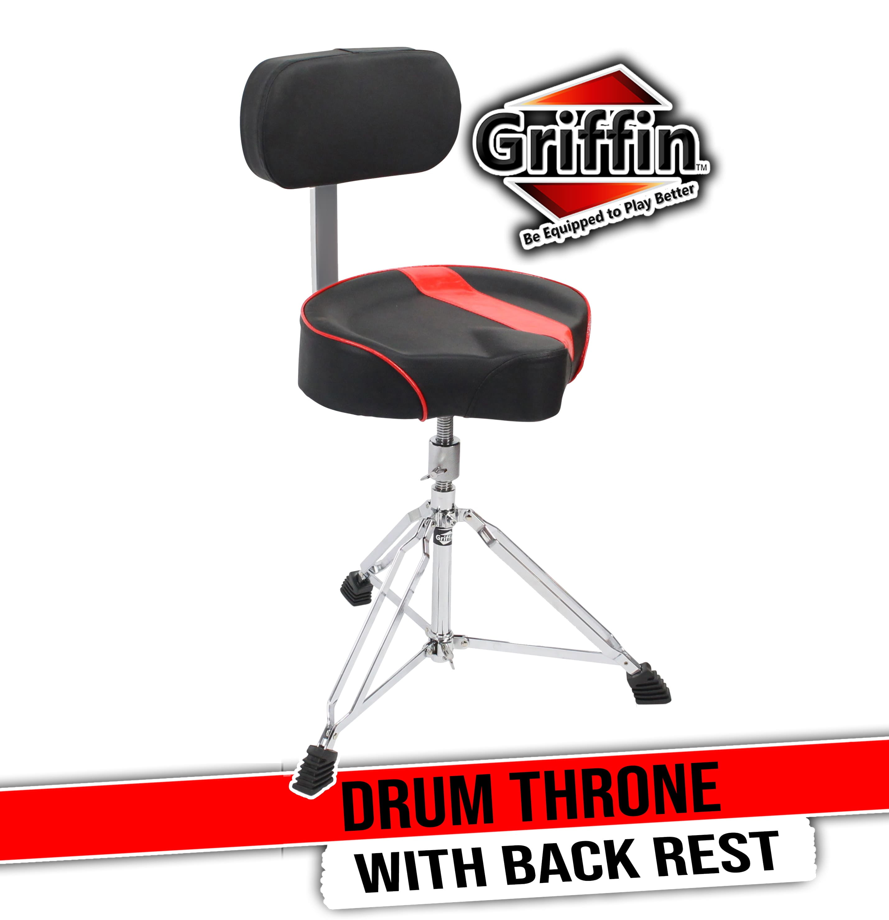 Griffin Drum Throne with Back Rest Support - Padded Leather Drummer Seat Motorcycle Saddle Style Chair - Swivel Adjustable Height Drum Chair for Adults Percussion Stool with Double Braced Hardware