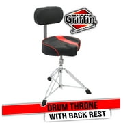 Griffin Drum Throne with Back Rest Support - Padded Leather Drummer Seat Motorcycle Saddle Style Chair - Swivel Adjustable Height Drum Chair for Adults Percussion Stool with Double Braced Hardware