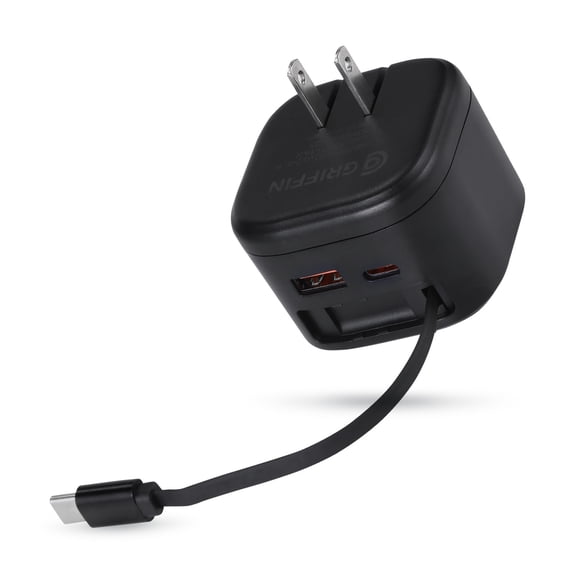 Griffin Dual Port Wall Charger with Retractable USB-C Cable, Power Delivery, Fast Charging (35W Max Output), Dual USB-A & USB-C Ports - Universal Compatibility for Phones and Devices