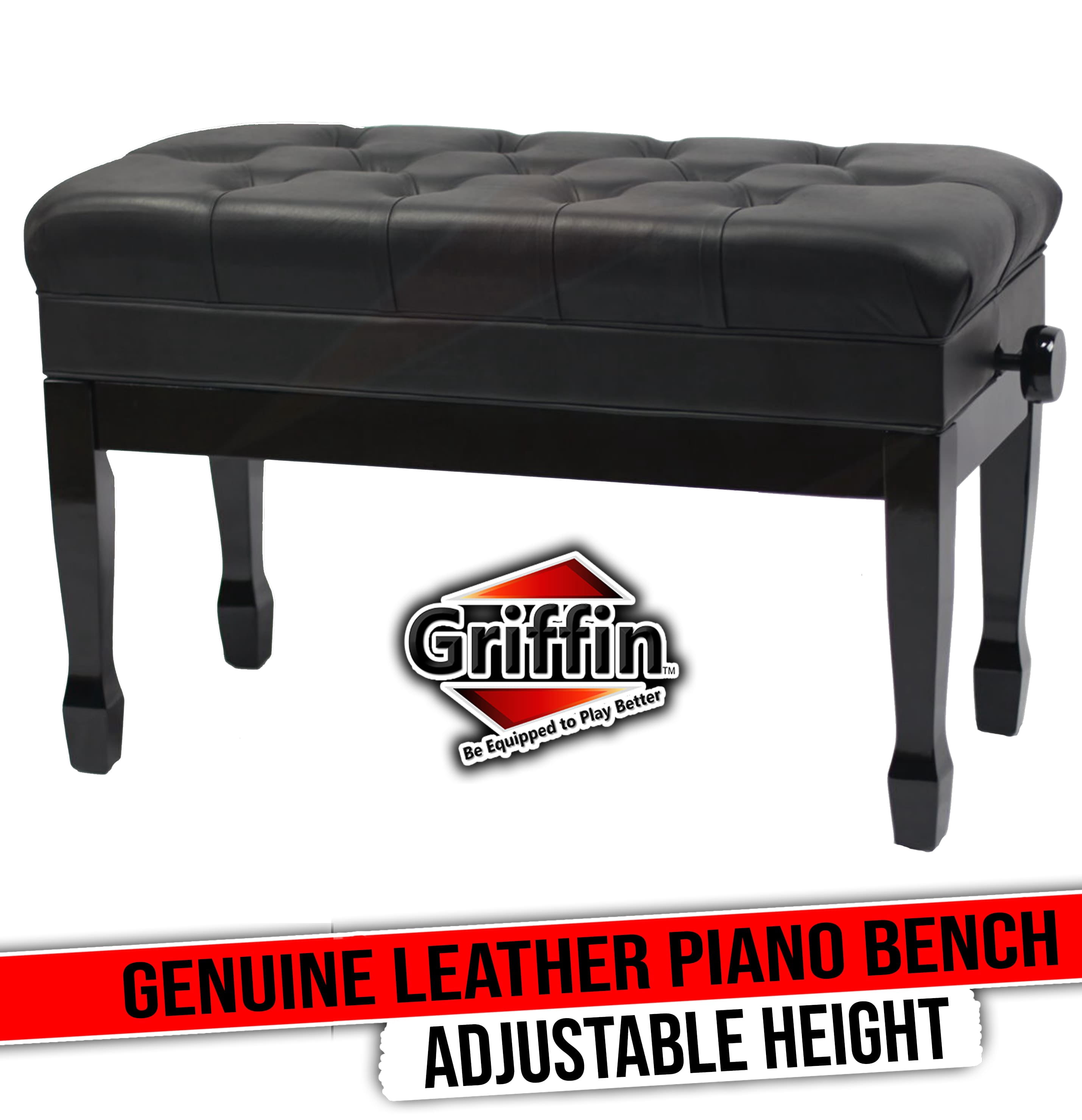 Griffin Genuine Leather Duet Piano Bench Seat | Black Wood Keyboard Guitar Stool