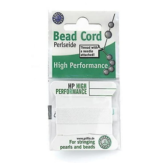 Griffin High Performance Bead Cord Perlseide – White Color – Size 3 (0.50mm) – 2 Meters per Card – Stainless Steel Needle Attached – for Knotting Pearls, Gemstones, Crystals and Beads