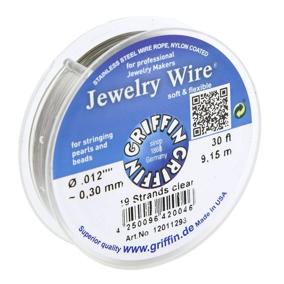 Griffin Jewelry Wire .012" Clear 19 Strand (30ft) Stainless Steel Wire Rope, Nylon Coated