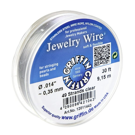 Griffin Jewelry Wire .014" Clear 49 Strand (30ft) Stainless Steel Wire Rope, Nylon Coated