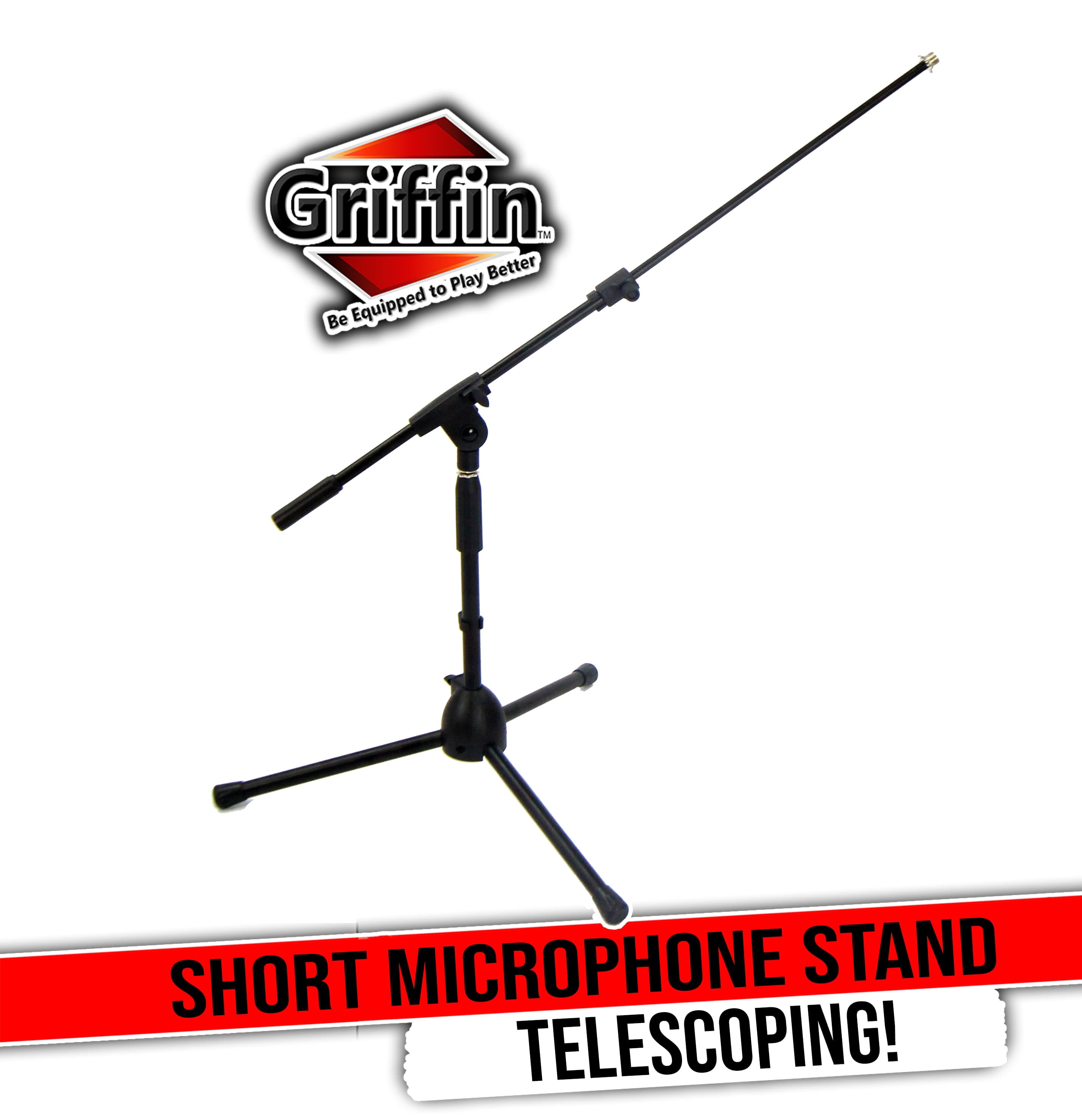 Griffin Low Profile Microphone Stand with Boom Arm - Short Mic Stand Mount for Kick Bass Drums, Desktop & Guitar Amplifiers - Small Level Telescoping Boom Holder with Tripod Legs