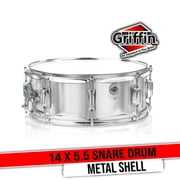 Griffin Metal Snare Drum - 14 x 5 - 5 Steel Chrome Shell - 8 Tuning Lugs & Snare Strainer Percussion Hardware Musical Instrument with Drummers Key for Students & Professionals