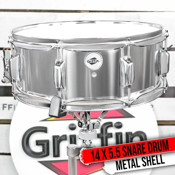 Griffin Metal Snare Drum 14"x5.5 Steel Chrome Shell Percussion Head Key Hardware