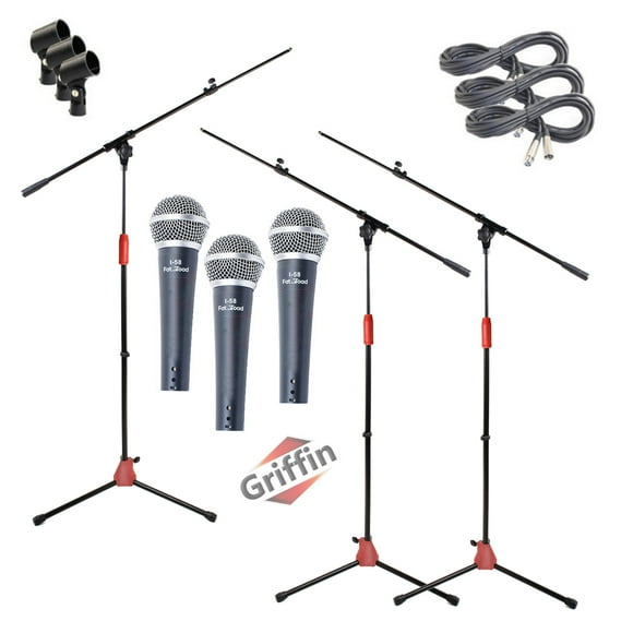 Griffin Microphone Boom Stand & Cardioid Wired Mic, XLR Cable, & Clip (Pack of 3) Telescoping Arm Holder, Tripod Legs Karaoke Vocal Singing Microphone Home Recording Studio Streaming Accessories