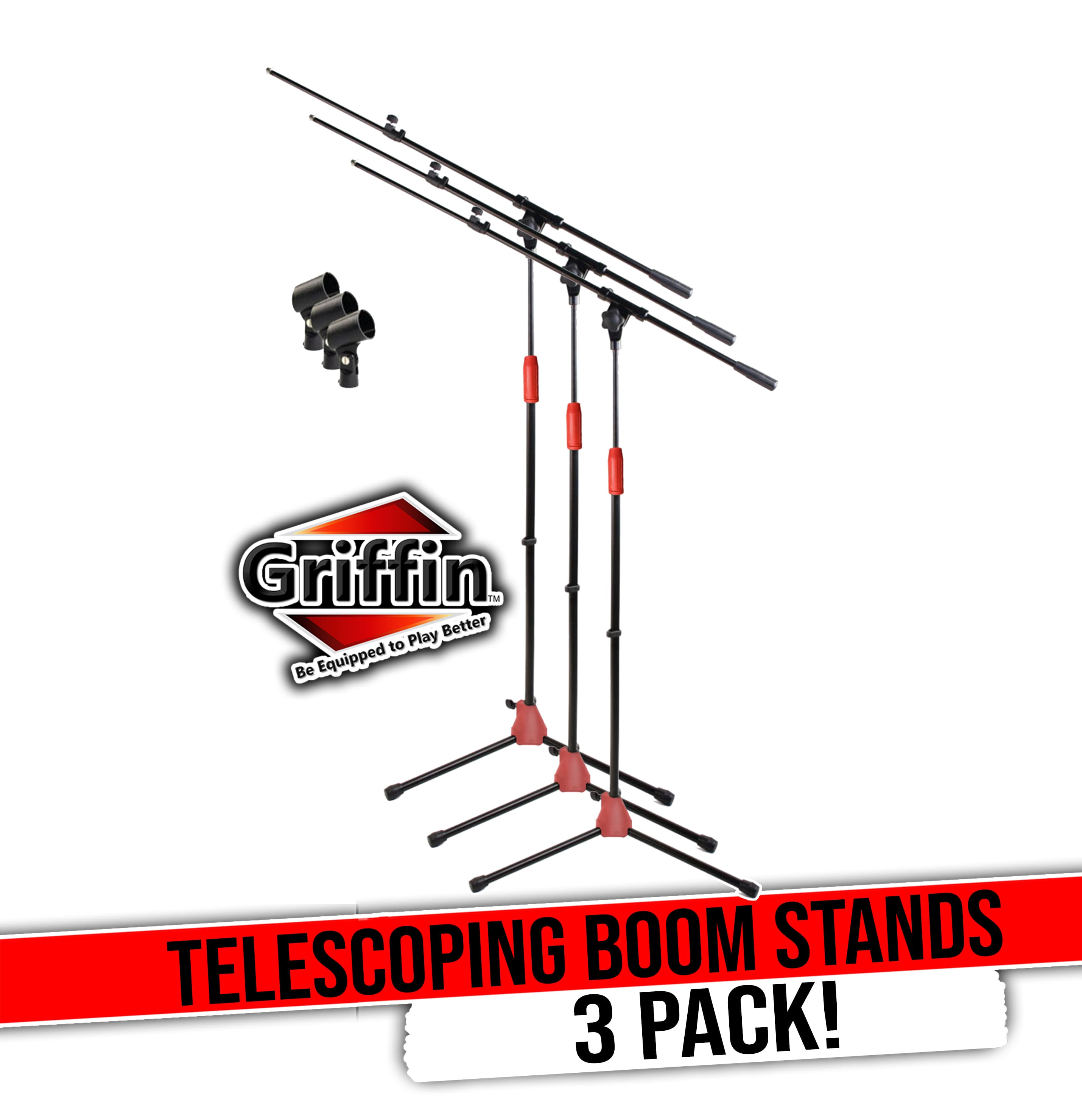 Griffin Microphone Boom Stand with Mic Clip (Pack of 3) - Telescoping Tripod Quality for Studio, Karaoke, Live Performances, Conferences Portable with Collapsible Legs & Removable Arm