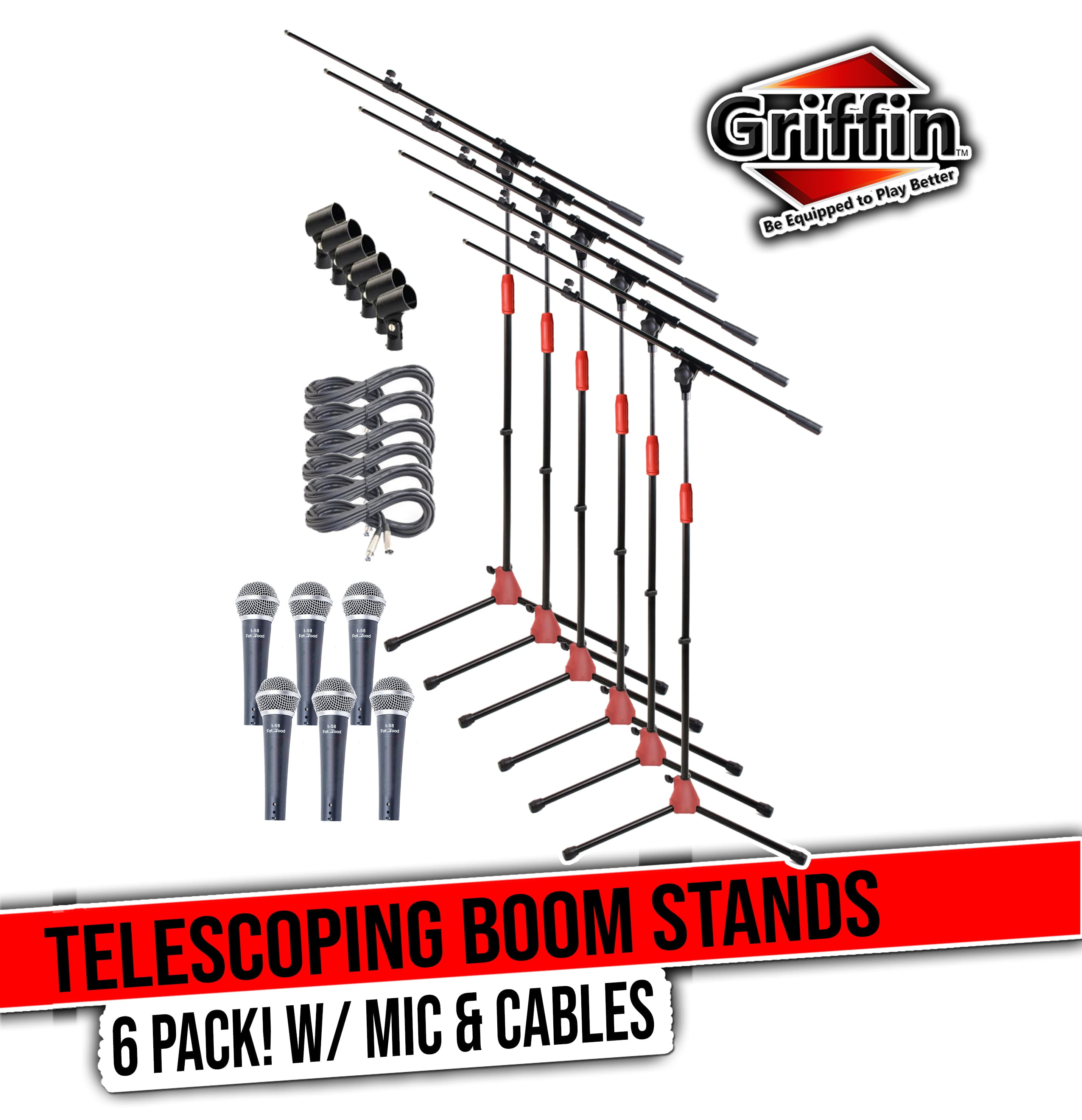 Griffin Microphone Boom Stand Package with Cardioid Vocal Microphones & XLR Mic Cables (Pack of 6) - Telescoping Arm Holder with Tripod Mount Handheld Unidirectional Mics for Music Studio Recording