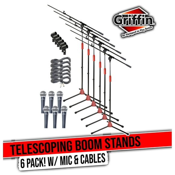 Griffin Microphone Boom Stand Package with Cardioid Vocal Microphones & XLR Mic Cables (Pack of 6) - Telescoping Arm Holder with Tripod Mount Handheld Unidirectional Mics for Music Studio Recording