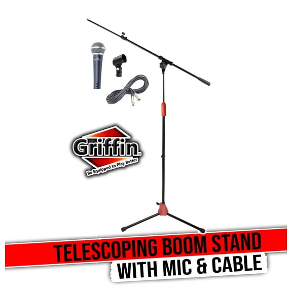 Griffin Microphone Boom Stand Package - Telescoping Arm Mount & Tripod Holder - Cardioid Dynamic Handheld Vocal Microphone - 20FT XLR Mic Cable