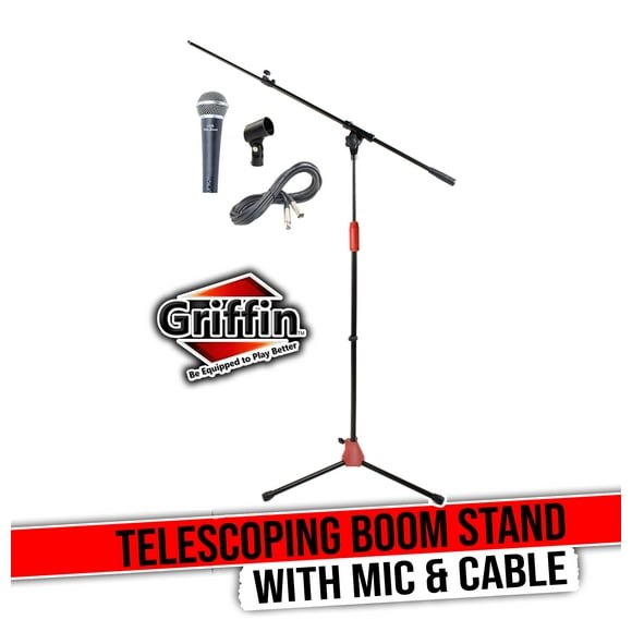 Griffin Microphone Boom Stand Package - Telescoping Arm Mount & Tripod Holder - Cardioid Dynamic Handheld Vocal Microphone - 20FT XLR Mic Cable