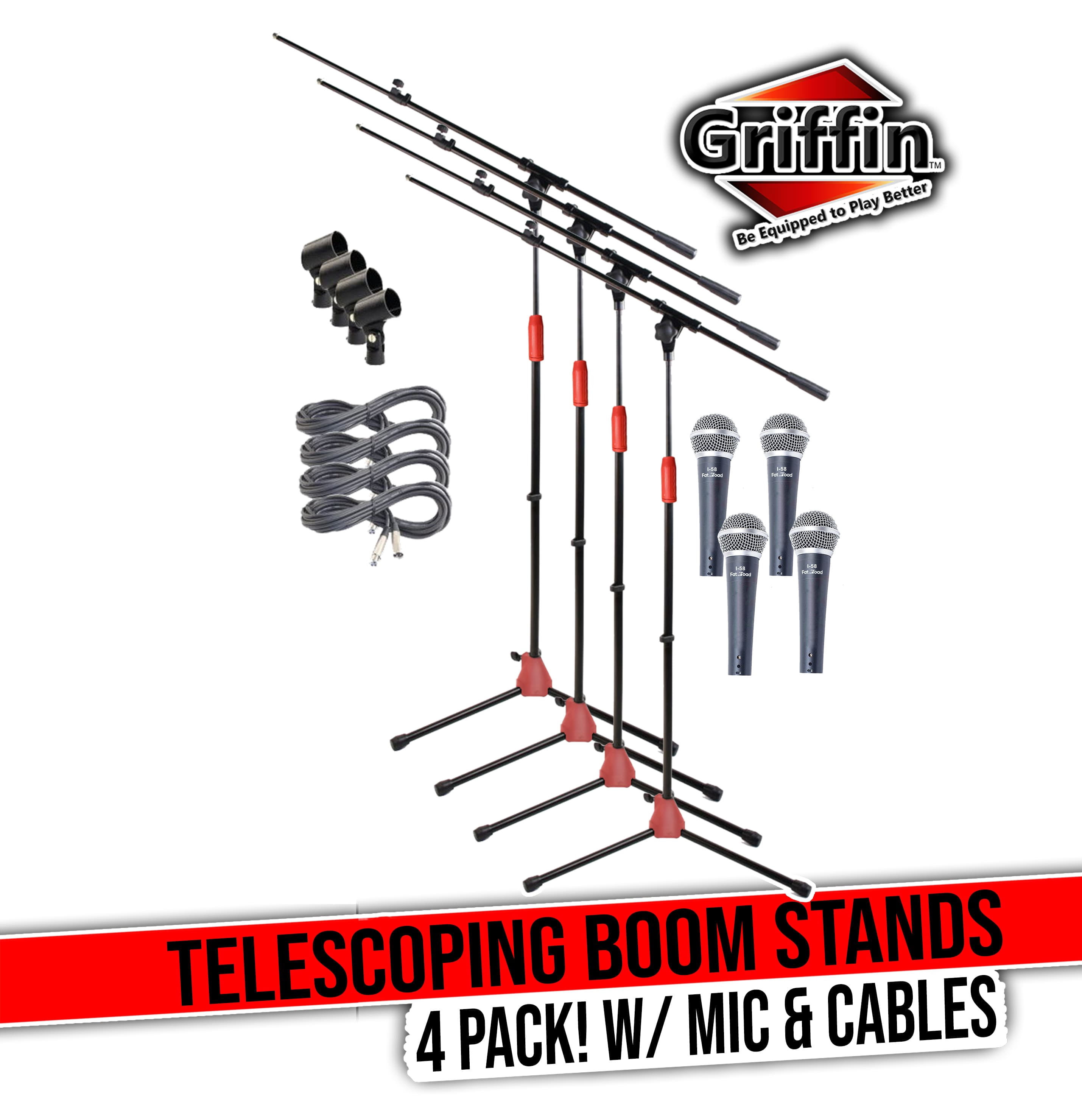 Griffin Microphone Stand with Telescoping Boom Arm, 20 Ft XLR Cable Handheld Dynamic Mic & Clip (Pack of 4) - Pro-Audio Cardioid Singing Microphones for Studio Recording & Live Stage Performance