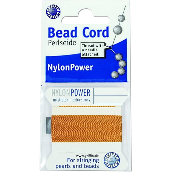 Griffin Nylon Bead Cord Perlseide - Amber Color – Size 4 (0.60mm) – 2 Meters per Card – Stainless Steel Needle Attached – for Knotting Pearls, Gemstones, Crystals and Beads