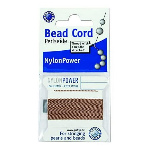 Griffin Nylon Bead Cord Perlseide – Beige Color – Size 0 (0.30mm) – 2 Meters per Card – Stainless Steel Needle Attached – for Knotting Pearls, Gemstones, Crystals and Beads