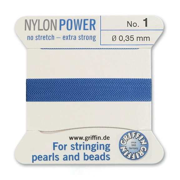 Griffin Nylon Bead Cord Perlseide  Blue Color  Size 1 (0.35mm)  2 Meters per Card  Stainless Steel Needle Attached  for Knotting Pearls, Gemstones, Crystals and Beads