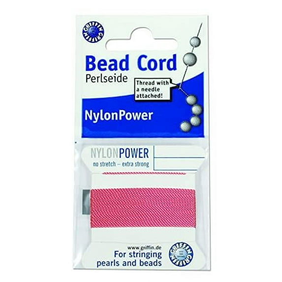 Griffin Nylon Bead Cord Perlseide – Dark Pink Color – Size 1 (0.35mm) – 2 Meters per Card – Stainless Steel Needle Attached – for Knotting Pearls, Gemstones, Crystals and Beads